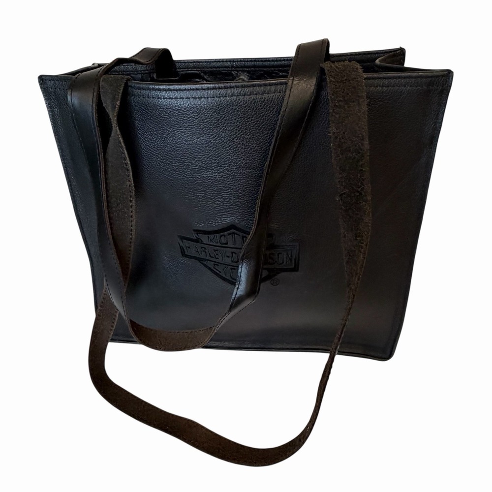 Vintage Harley Davidson Black Embroidered Logo Leather Shoulder Bag Purse Tote - Picture 5 of 8
